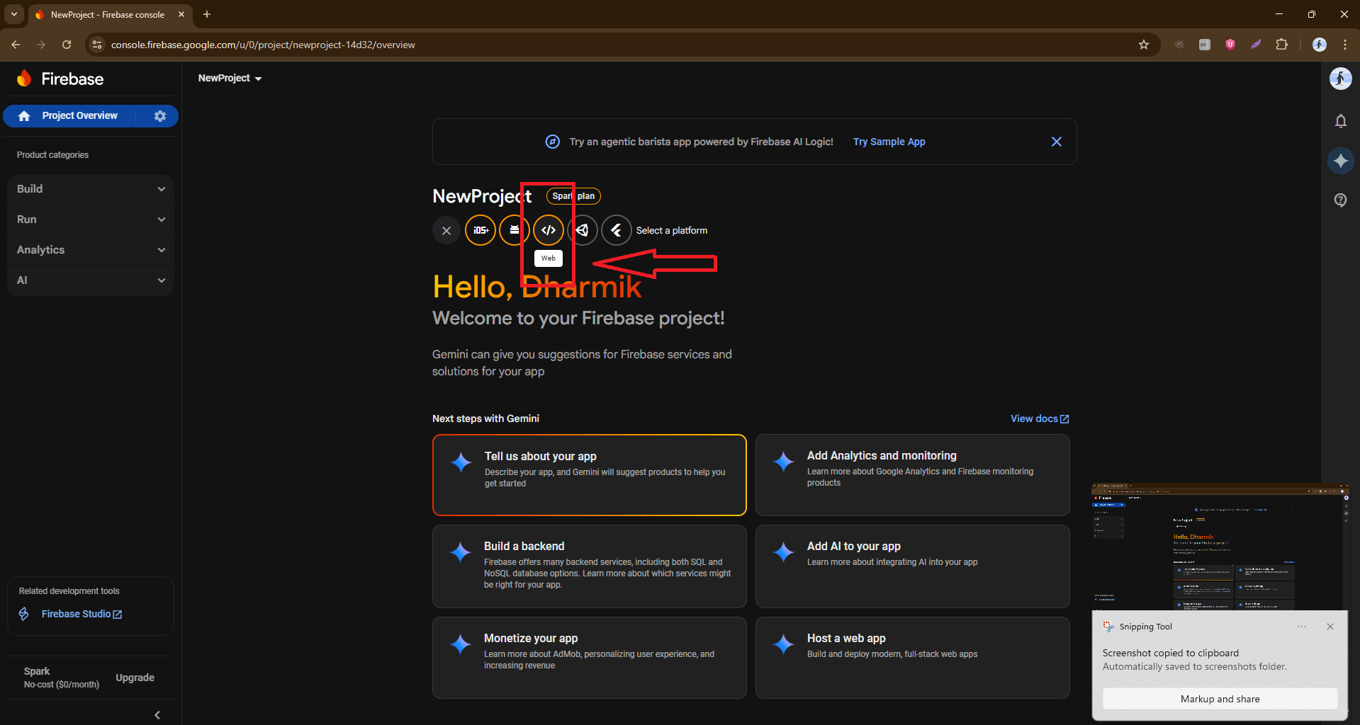 Add a Web App via the </> icon