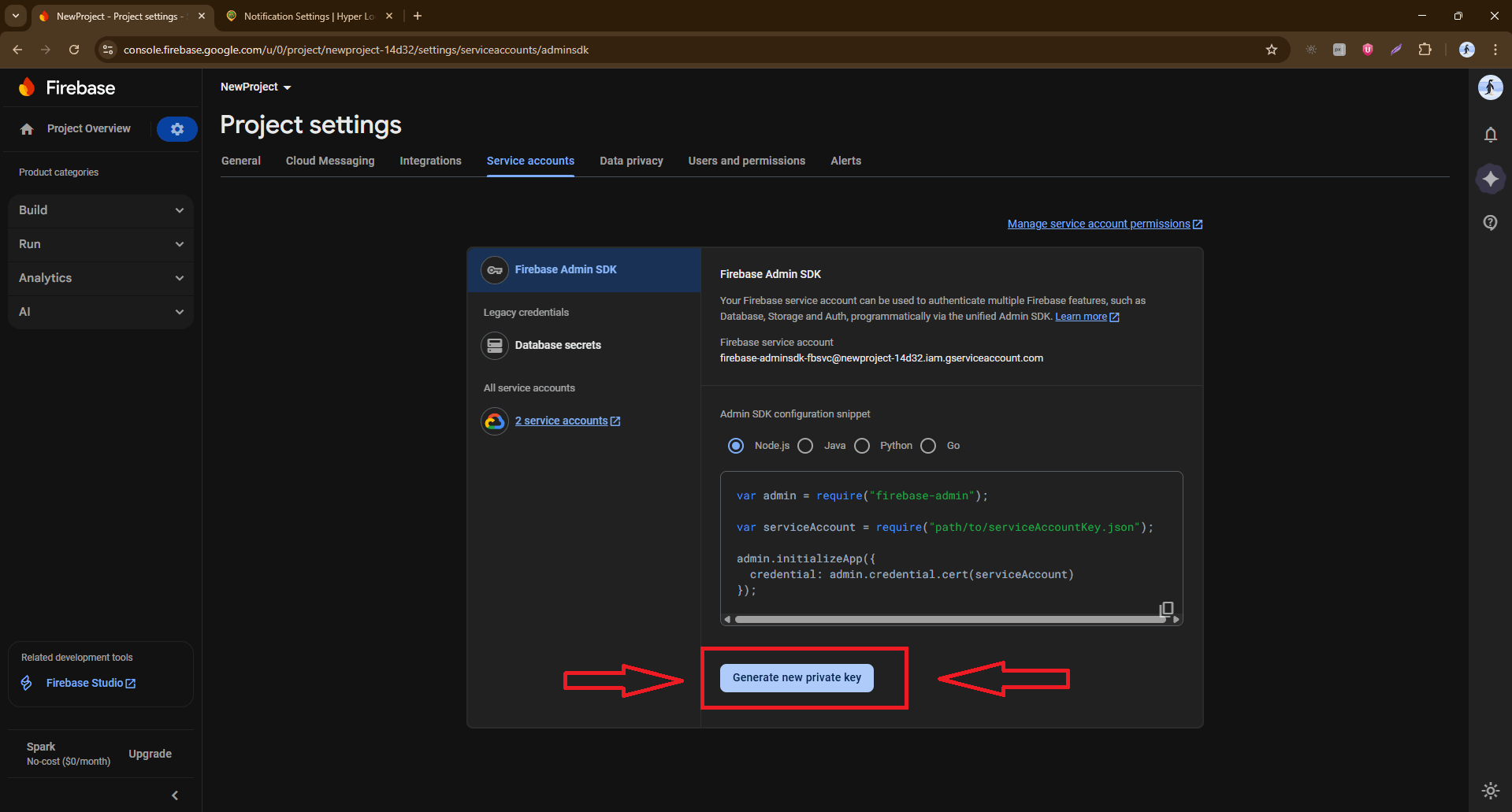 Service Accounts — generate new private key